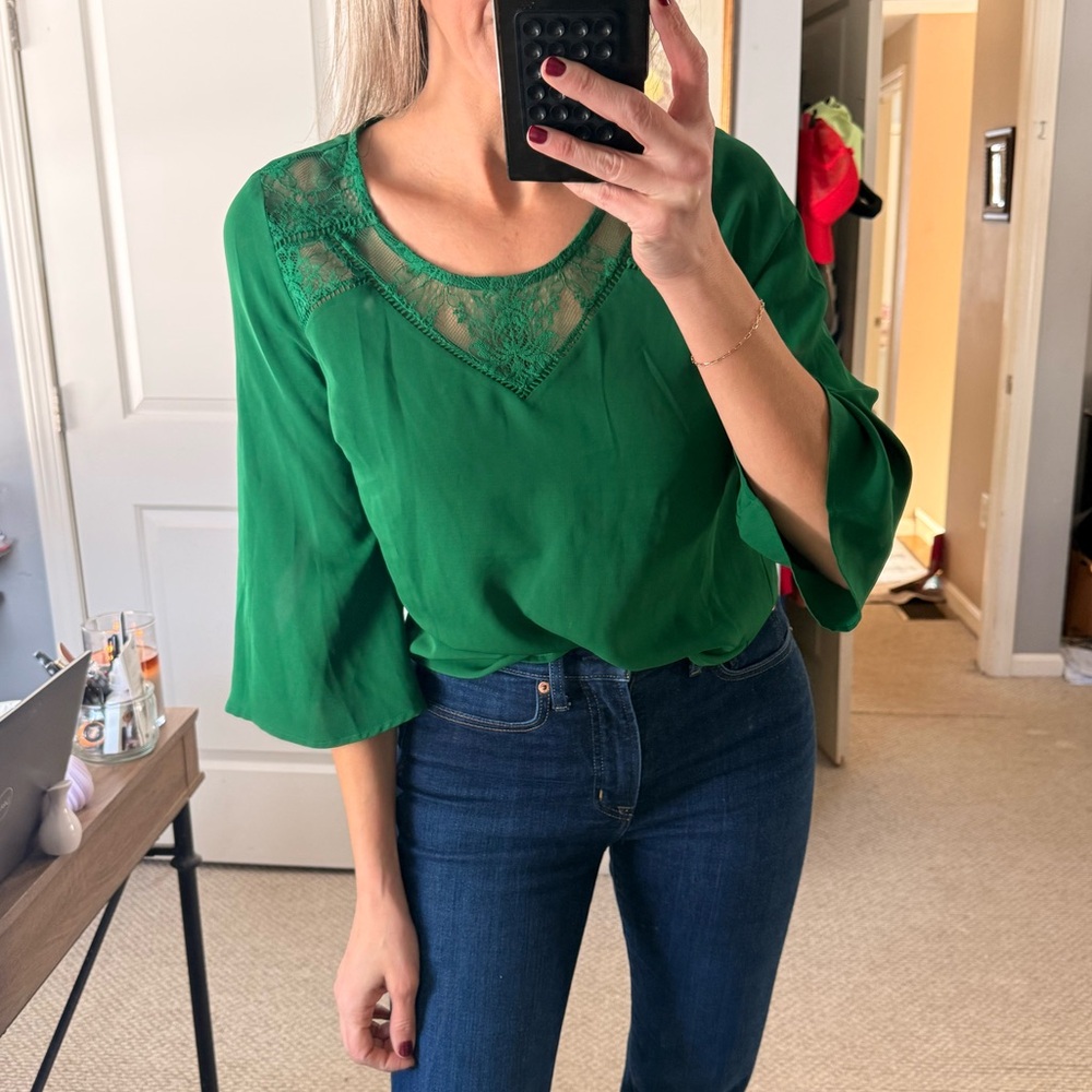 Skies Are Blue Green Lace Accent Blouse